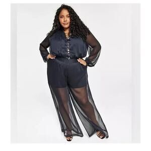Nina Parker Womens Black Wide Leg Long Sleeve Button-Front Jumpsuit Plus 24W